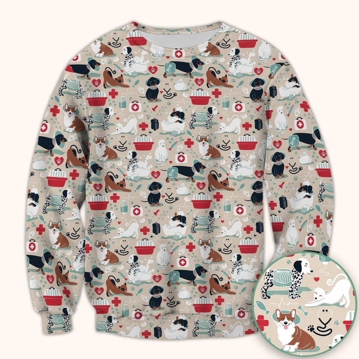 Dogs With Veterinary Tools And Paw Print Scrub Top, Breathable Fabrics Nursing Uniform