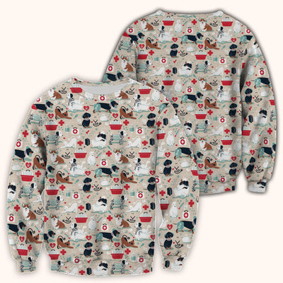 Dogs With Veterinary Tools And Paw Print Scrub Top, Breathable Fabrics Nursing Uniform