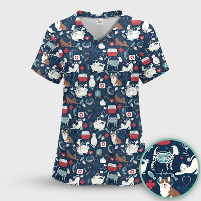 Dogs With Veterinary Tools And Paw Print Scrub Top, Breathable Fabrics Nursing Uniform