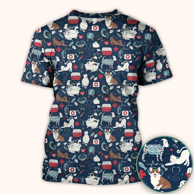 Dogs With Veterinary Tools And Paw Print Scrub Top, Breathable Fabrics Nursing Uniform