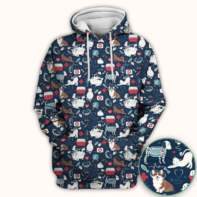Dogs With Veterinary Tools And Paw Print Scrub Top, Breathable Fabrics Nursing Uniform