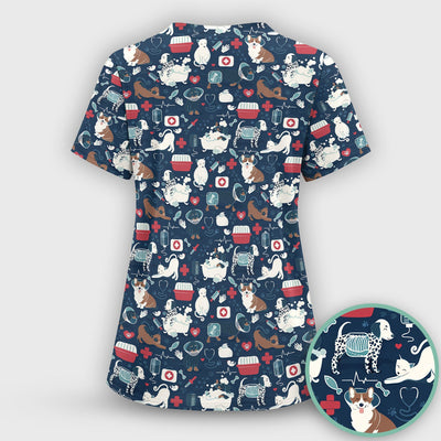 Dogs With Veterinary Tools And Paw Print Scrub Top, Breathable Fabrics Nursing Uniform