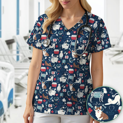 Dogs With Veterinary Tools And Paw Print Scrub Top, Breathable Fabrics Nursing Uniform