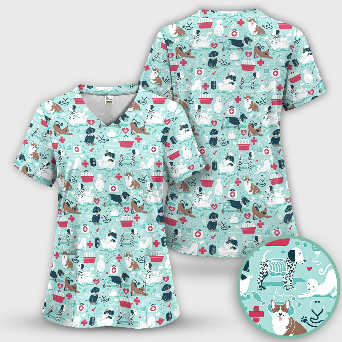 Dogs With Veterinary Tools And Paw Print Scrub Top, Breathable Fabrics Nursing Uniform