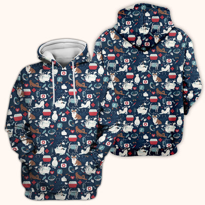 Dogs With Veterinary Tools And Paw Print Scrub Top, Breathable Fabrics Nursing Uniform