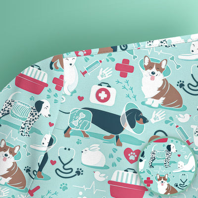 Dogs With Veterinary Tools And Paw Print Scrub Top, Breathable Fabrics Nursing Uniform