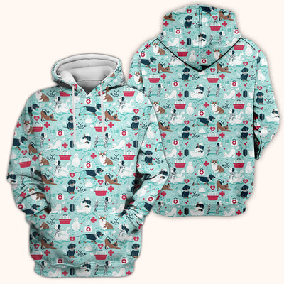 Dogs With Veterinary Tools And Paw Print Scrub Top, Breathable Fabrics Nursing Uniform