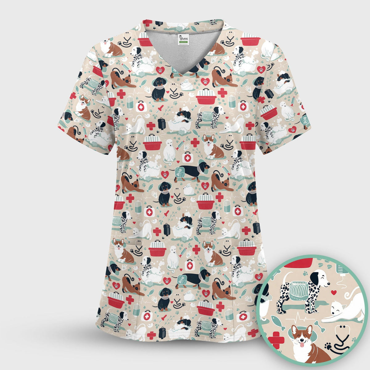Dogs With Veterinary Tools And Paw Print Scrub Top, Breathable Fabrics Nursing Uniform