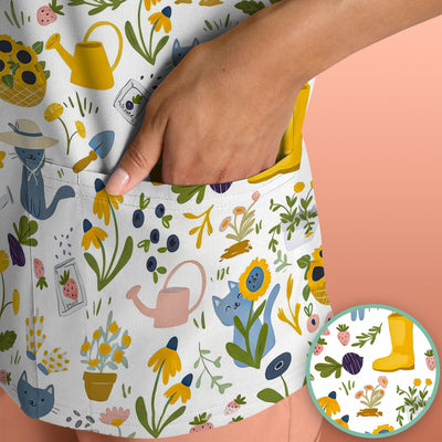 Cat Gardening Wildflower Tools Pattern Scrub Top, Comfortable Scrubs for Nurses