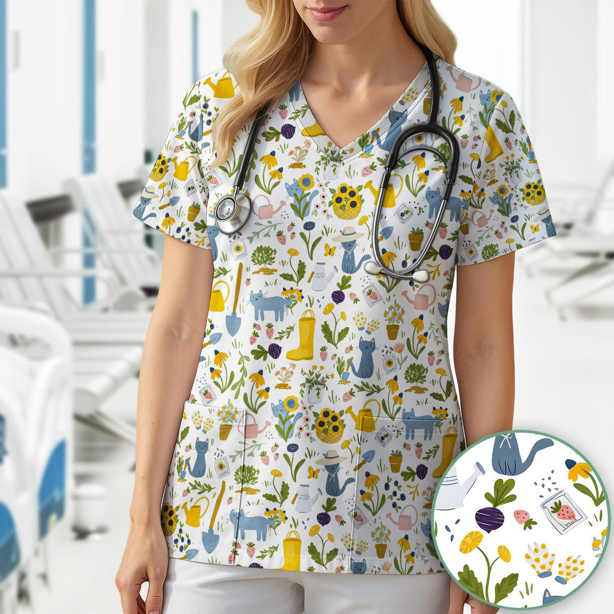 Cat Gardening Wildflower Tools Pattern Scrub Top, Comfortable Scrubs for Nurses