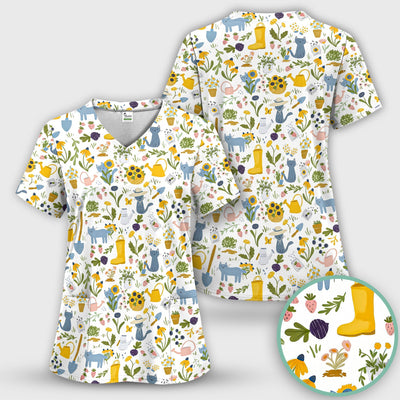 Cat Gardening Wildflower Tools Pattern Scrub Top, Comfortable Scrubs for Nurses