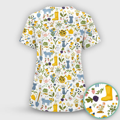 Cat Gardening Wildflower Tools Pattern Scrub Top, Comfortable Scrubs for Nurses
