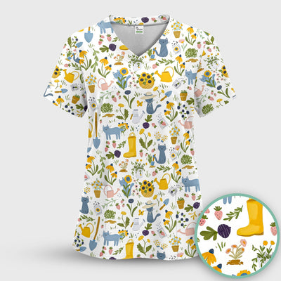 Cat Gardening Wildflower Tools Pattern Scrub Top, Comfortable Scrubs for Nurses