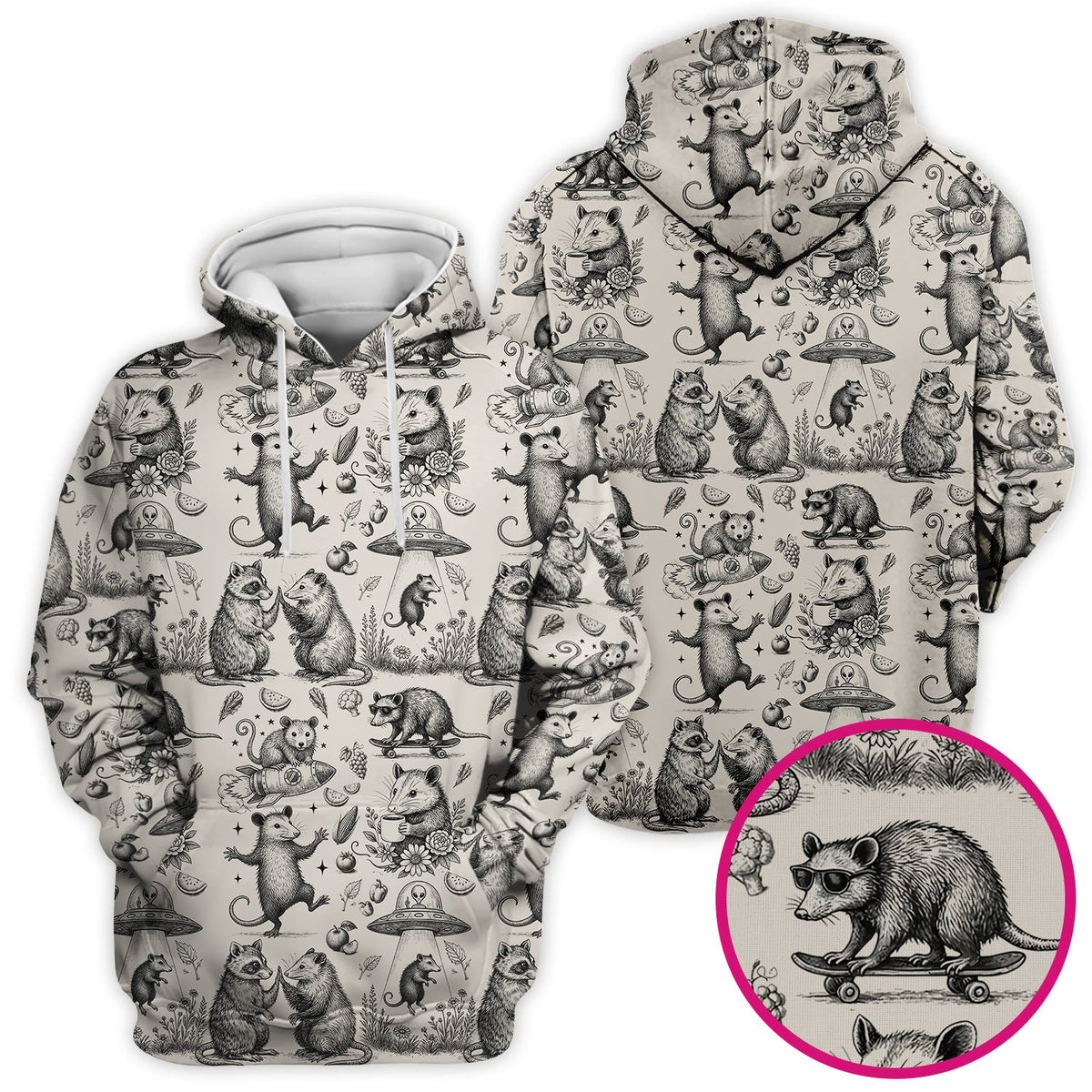 Funny Nurse Vintage Possum Raccoon High Five UFO Pattern Scrub Top, Breathable Fabrics Nursing Uniform