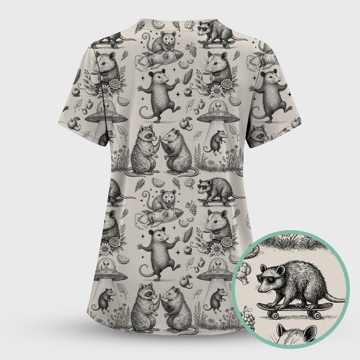 Funny Nurse Vintage Possum Raccoon High Five UFO Pattern Scrub Top, Breathable Fabrics Nursing Uniform
