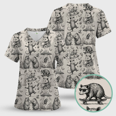 Funny Nurse Vintage Possum Raccoon High Five UFO Pattern Scrub Top, Breathable Fabrics Nursing Uniform