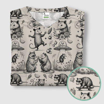Funny Nurse Vintage Possum Raccoon High Five UFO Pattern Scrub Top, Breathable Fabrics Nursing Uniform
