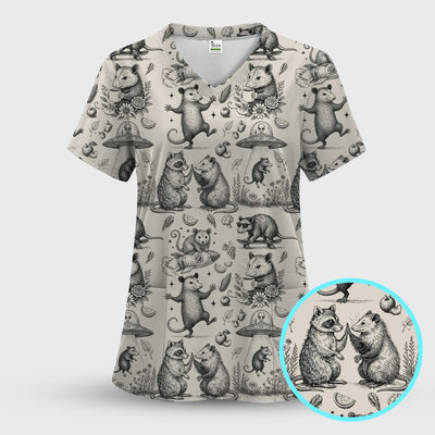 Funny Nurse Vintage Possum Raccoon High Five UFO Pattern Scrub Top, Breathable Fabrics Nursing Uniform