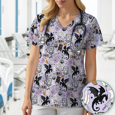 Spooky Gothic Fantasy Dragon Pattern Scrub Top, Comfortable Scrubs for Nurses