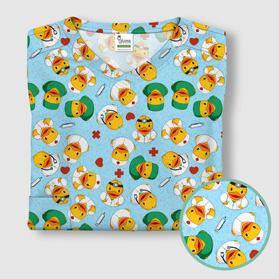 Duck Doctor Cartoon Pattern Scrub Top, Comfortable Scrubs for Nurses