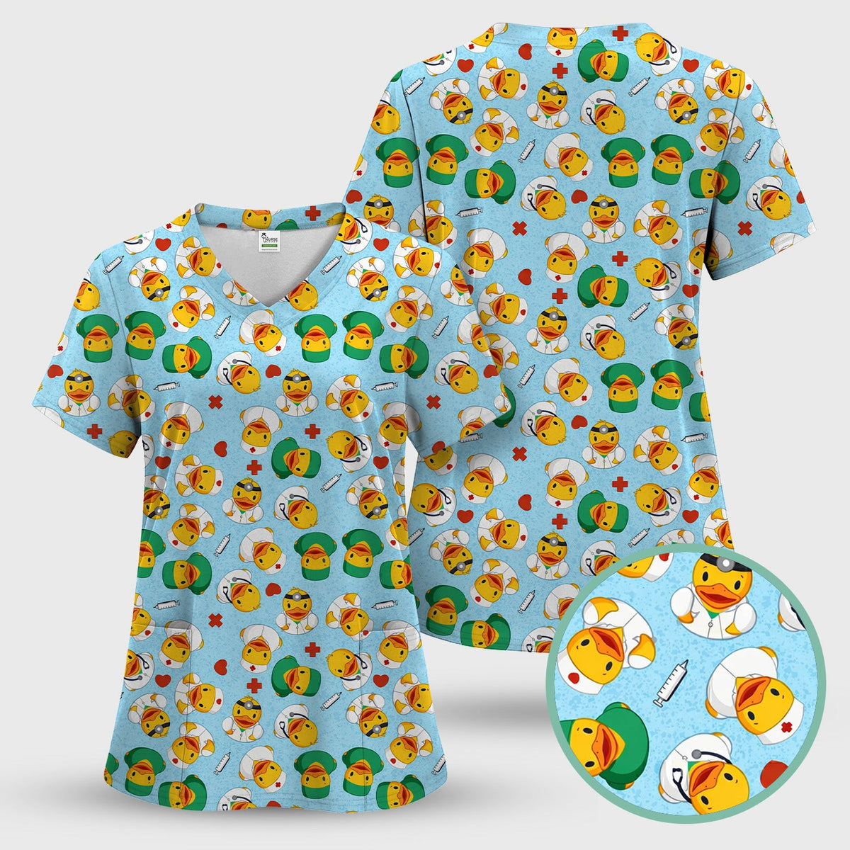 Duck Doctor Cartoon Pattern Scrub Top, Comfortable Scrubs for Nurses