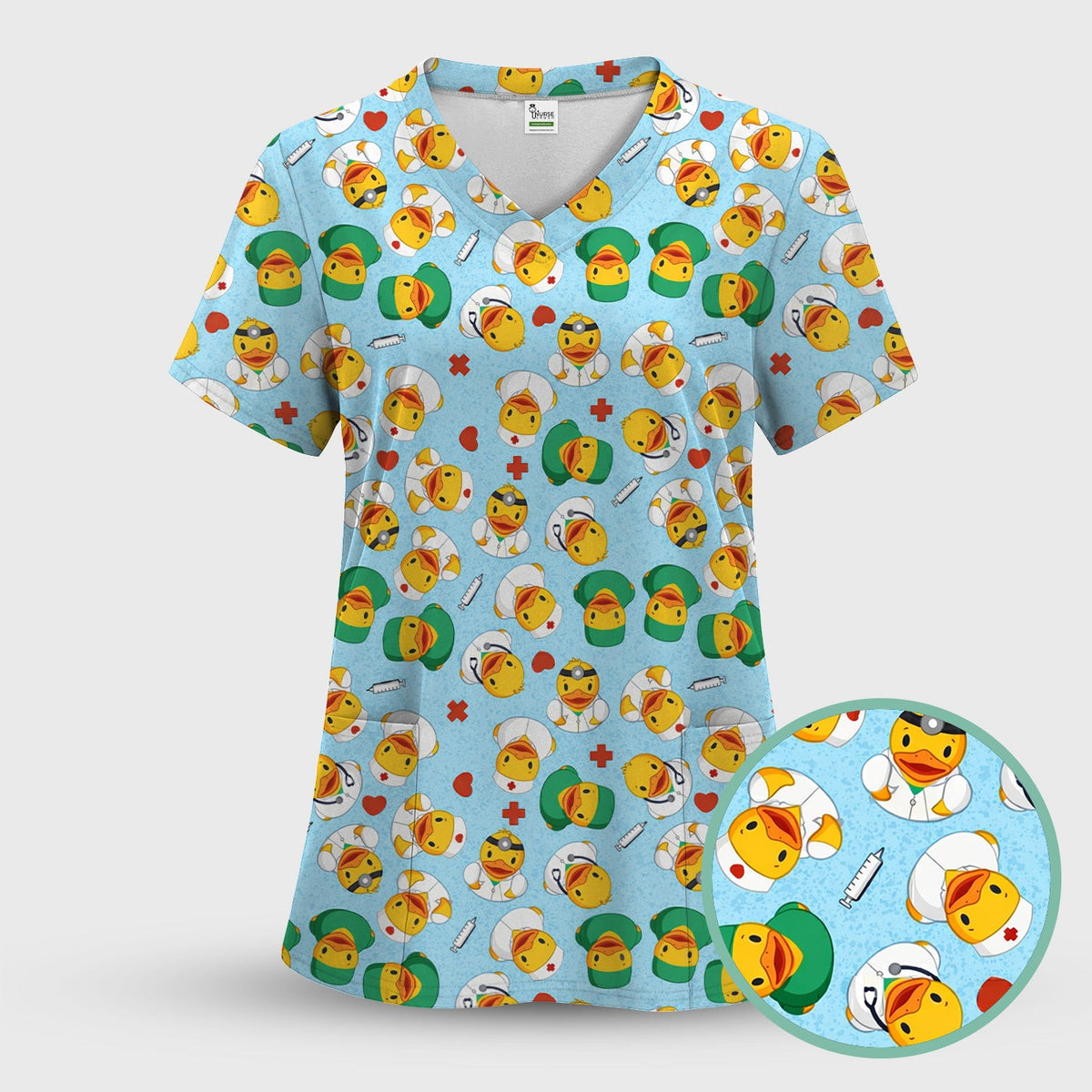 Duck Doctor Cartoon Pattern Scrub Top, Comfortable Scrubs for Nurses