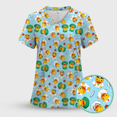 Duck Doctor Cartoon Pattern Scrub Top, Comfortable Scrubs for Nurses