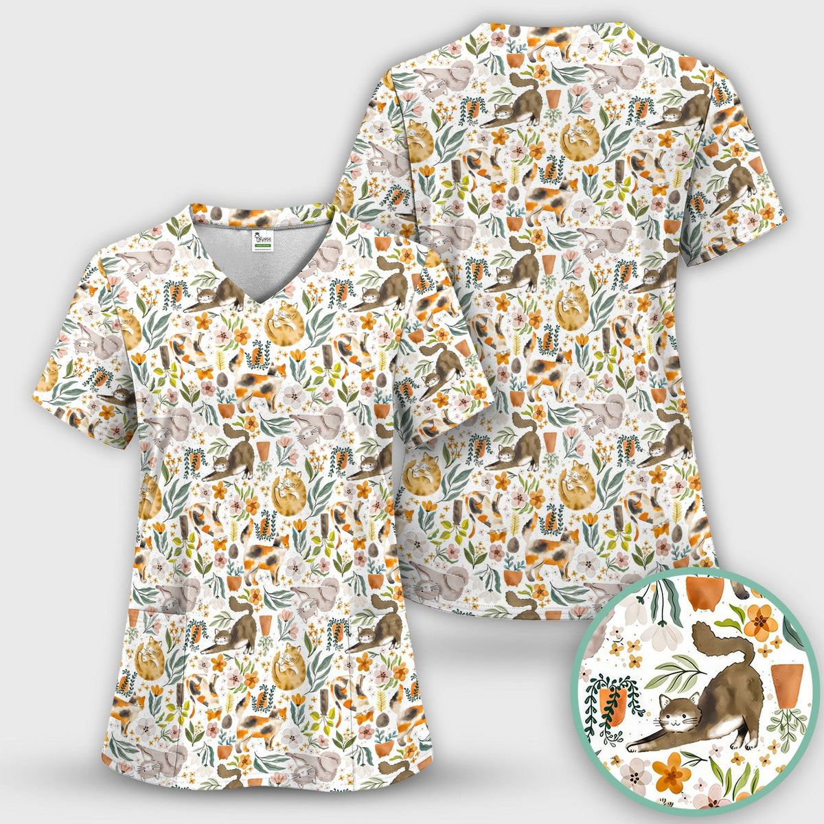 Cat Wildflower Garden Floral Pattern Scrub Top, Comfortable Scrubs for Nurses