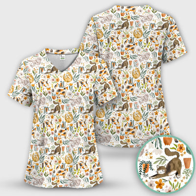 Cat Wildflower Garden Floral Pattern Scrub Top, Comfortable Scrubs for Nurses