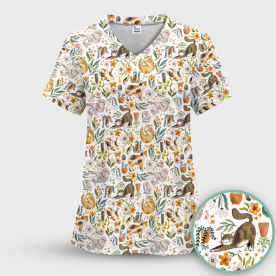Cat Wildflower Garden Floral Pattern Scrub Top, Comfortable Scrubs for Nurses
