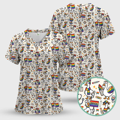 LGBT Pride Nurse Duck Pattern Scrub Top, Breathable Fabrics Nursing Uniform