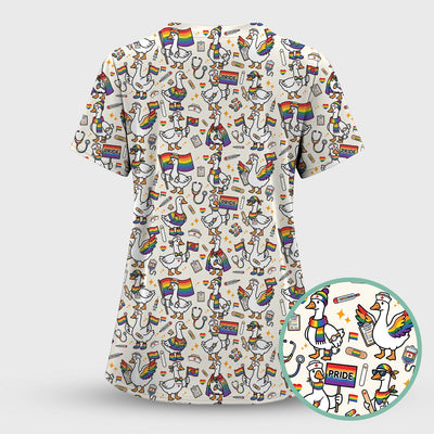 LGBT Pride Nurse Duck Pattern Scrub Top, Breathable Fabrics Nursing Uniform