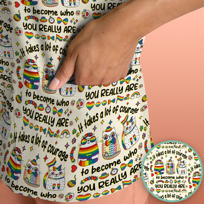 Inspirational Nurse Rainbow Cat Courage Quote Pattern Scrub Top, Breathable Fabrics Nursing Uniform