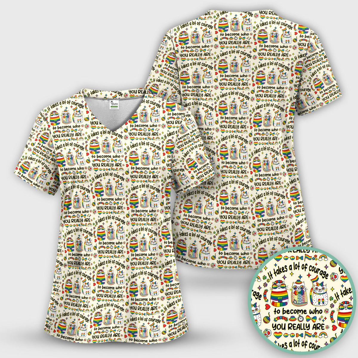 Inspirational Nurse Rainbow Cat Courage Quote Pattern Scrub Top, Breathable Fabrics Nursing Uniform