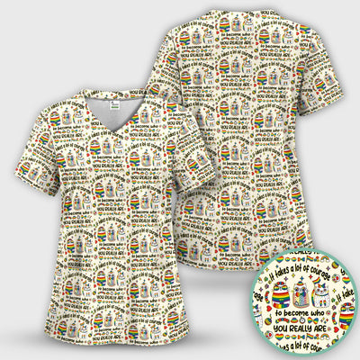 Inspirational Nurse Rainbow Cat Courage Quote Pattern Scrub Top, Breathable Fabrics Nursing Uniform