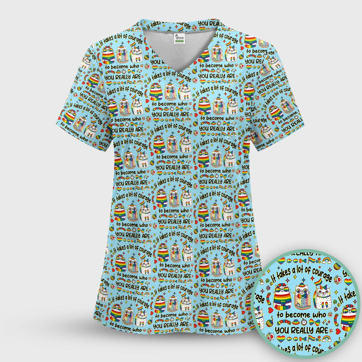 Inspirational Nurse Rainbow Cat Courage Quote Pattern Scrub Top, Breathable Fabrics Nursing Uniform