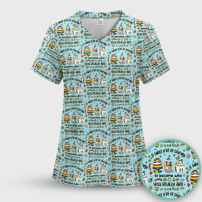 Inspirational Nurse Rainbow Cat Courage Quote Pattern Scrub Top, Breathable Fabrics Nursing Uniform