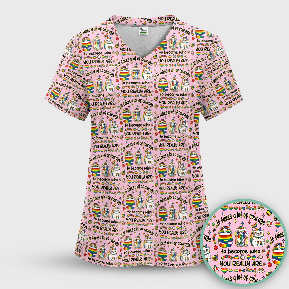 Inspirational Nurse Rainbow Cat Courage Quote Pattern Scrub Top, Breathable Fabrics Nursing Uniform
