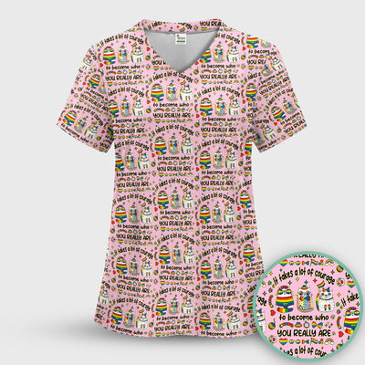 Inspirational Nurse Rainbow Cat Courage Quote Pattern Scrub Top, Breathable Fabrics Nursing Uniform