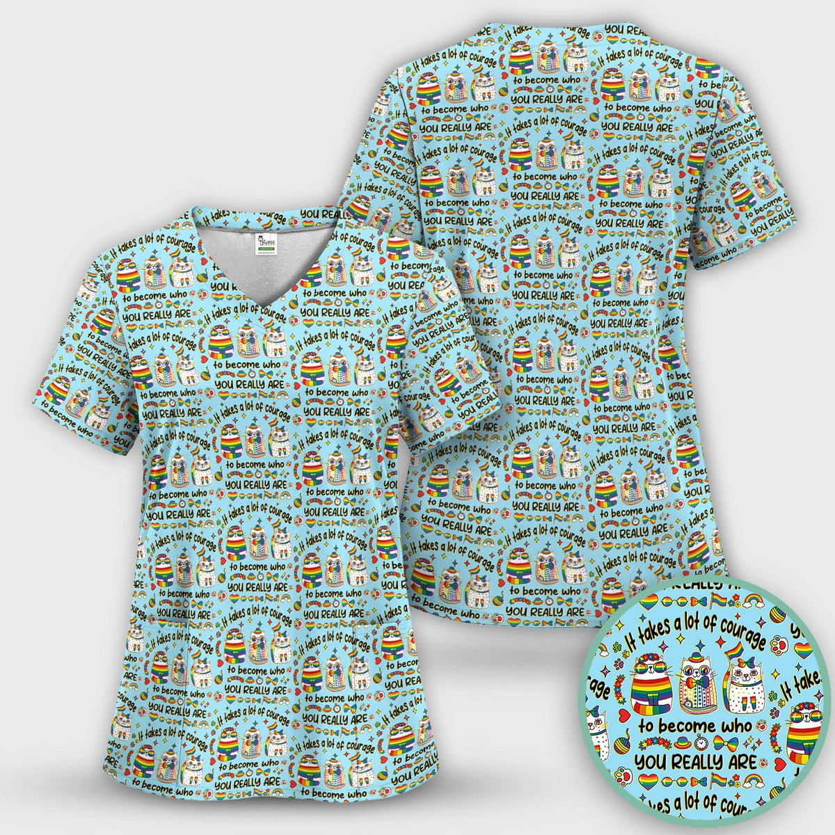 Inspirational Nurse Rainbow Cat Courage Quote Pattern Scrub Top, Breathable Fabrics Nursing Uniform