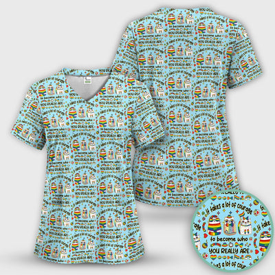 Inspirational Nurse Rainbow Cat Courage Quote Pattern Scrub Top, Breathable Fabrics Nursing Uniform