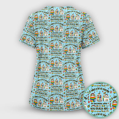 Inspirational Nurse Rainbow Cat Courage Quote Pattern Scrub Top, Breathable Fabrics Nursing Uniform