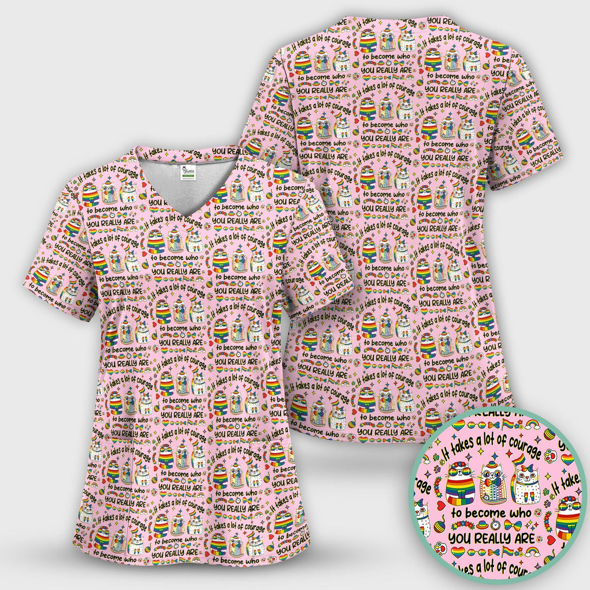 Inspirational Nurse Rainbow Cat Courage Quote Pattern Scrub Top, Breathable Fabrics Nursing Uniform