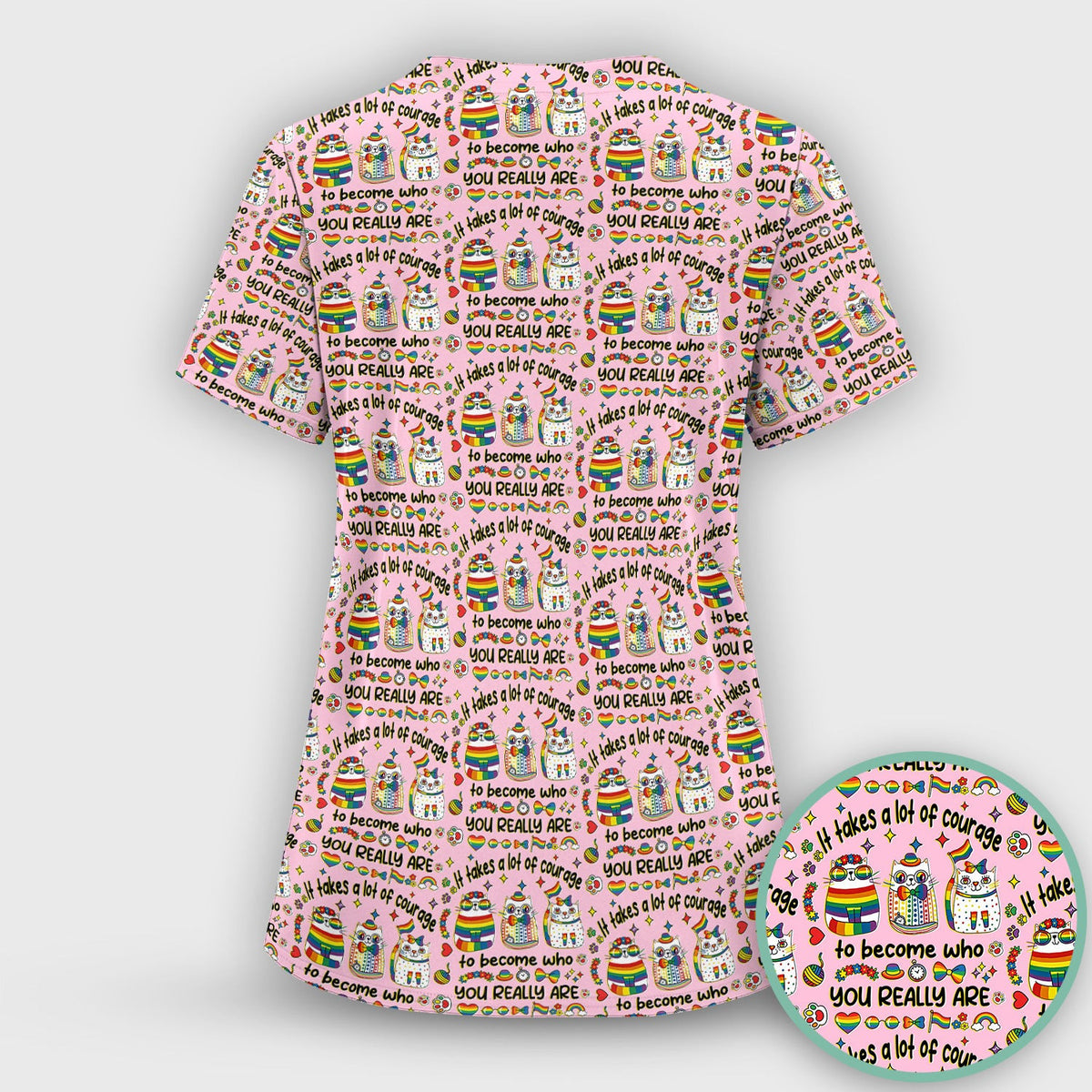 Inspirational Nurse Rainbow Cat Courage Quote Pattern Scrub Top, Breathable Fabrics Nursing Uniform