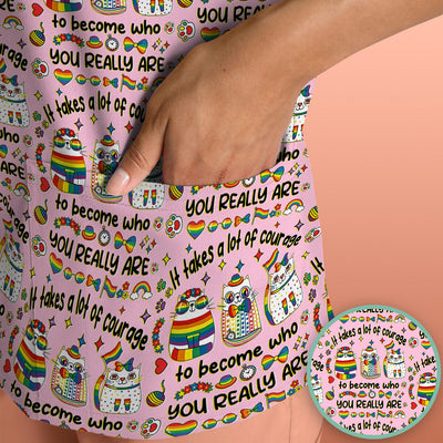Inspirational Nurse Rainbow Cat Courage Quote Pattern Scrub Top, Breathable Fabrics Nursing Uniform