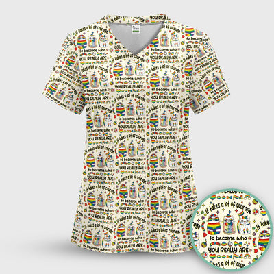 Inspirational Nurse Rainbow Cat Courage Quote Pattern Scrub Top, Breathable Fabrics Nursing Uniform