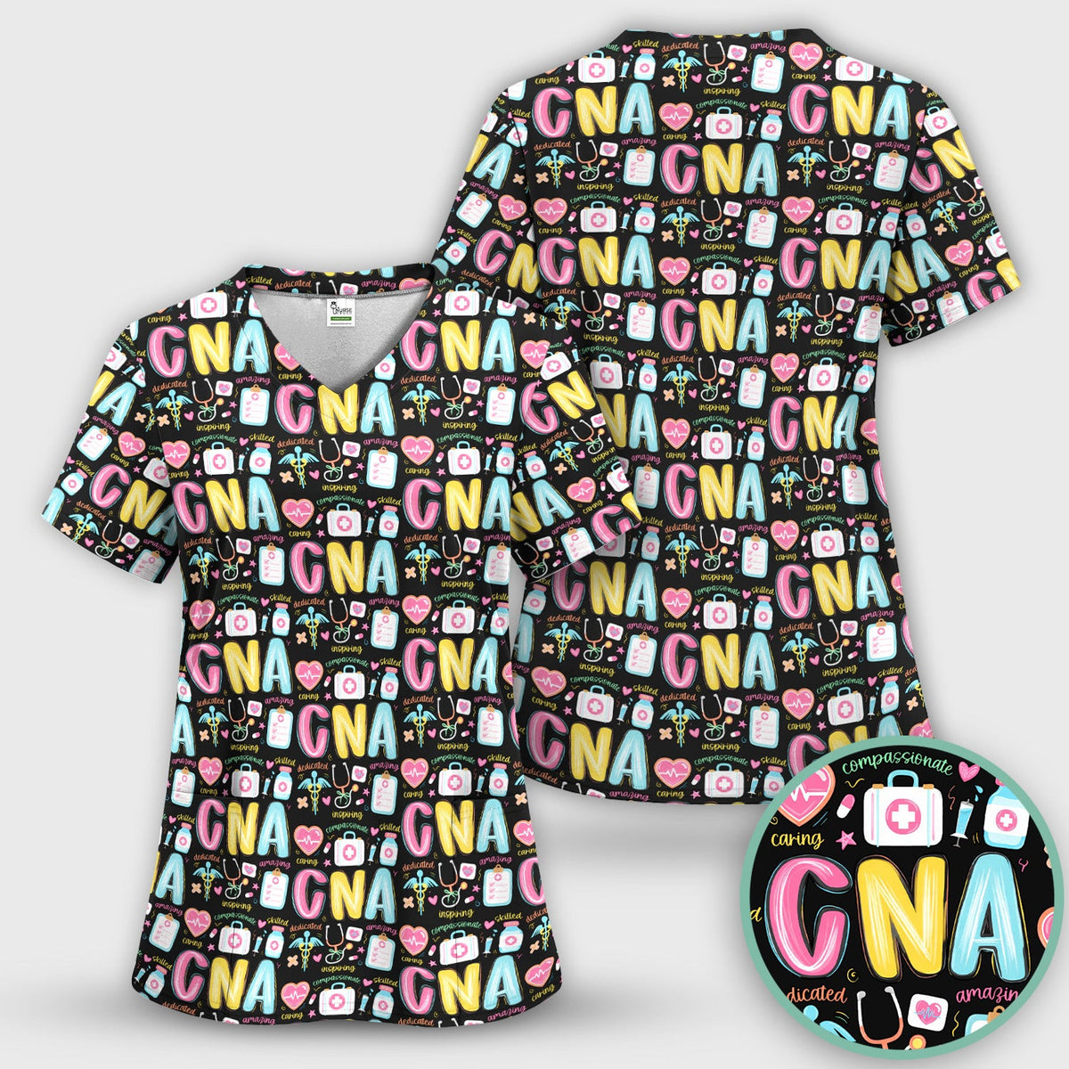 CNA Nurse Appreciation Pattern Scrub Top, Breathable Fabrics Nursing Uniform