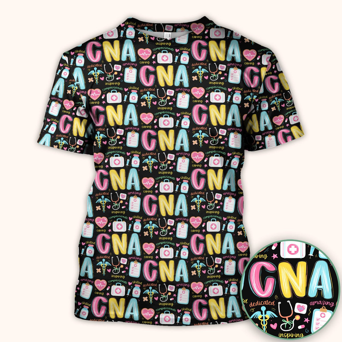 CNA Nurse Appreciation Pattern Scrub Top, Breathable Fabrics Nursing Uniform