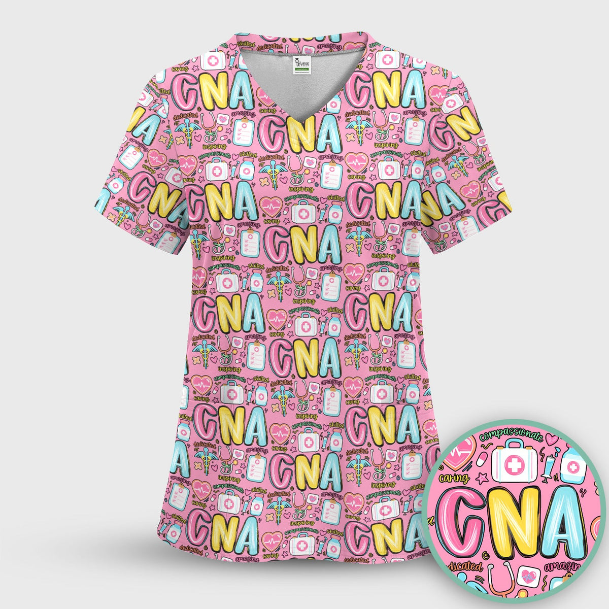 CNA Nurse Appreciation Pattern Scrub Top, Breathable Fabrics Nursing Uniform