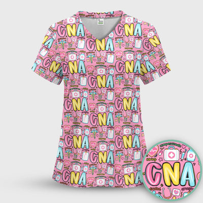 CNA Nurse Appreciation Pattern Scrub Top, Breathable Fabrics Nursing Uniform